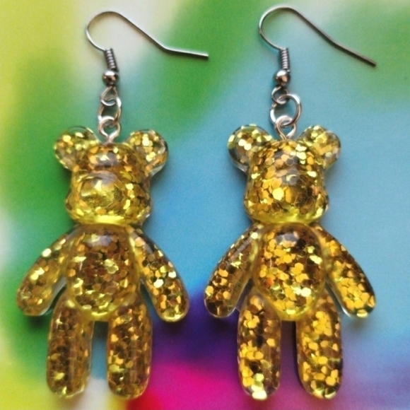 HANDMADE Gold Glitter Teddy Bear Earrings - Picture 1 of 5